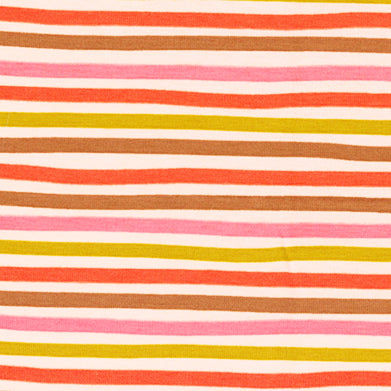Swatch of classic, colourful bright stripes 100% organic jersey fabric by John Louden in pink with red and brown