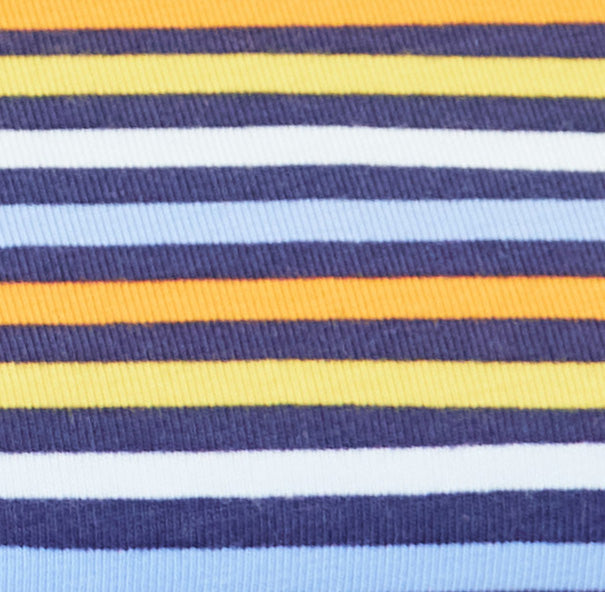 Swatch of classic, colourful bright stripes 100% organic jersey fabric by John Louden in blue with yellow and orange