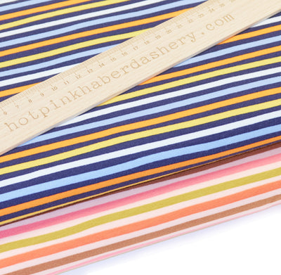 Classic, colourful bright stripes 100% organic jersey fabric by John Louden in pink and blue