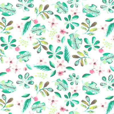 Swatch of funky, painted leaves and flowers on jersey fabric by John louden in white with pink and green