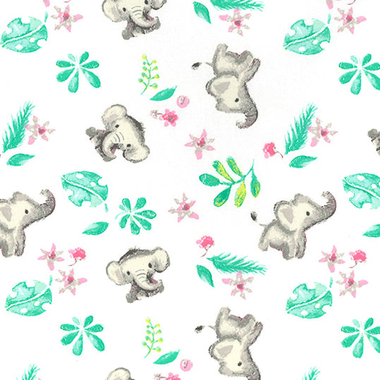Swatch of playful painted elephants with leaves and flowers on jersey fabric by John Louden in white with green