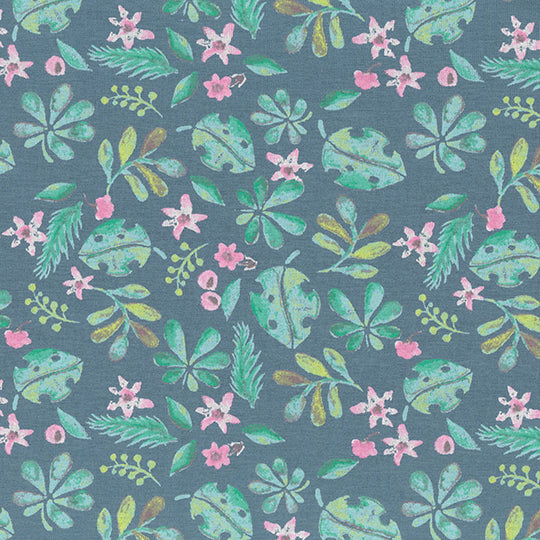 Swatch of funky, painted leaves and flowers on jersey fabric by John louden in grey with pink and green