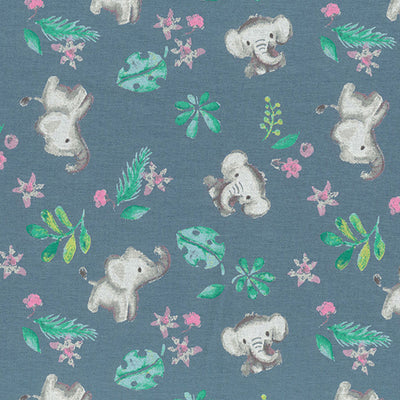 Swatch of playful painted elephants with leaves and flowers on jersey fabric by John Louden in grey with green