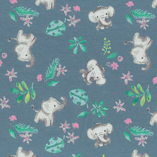 Swatch of playful painted elephants with leaves and flowers on jersey fabric by John Louden in grey with green