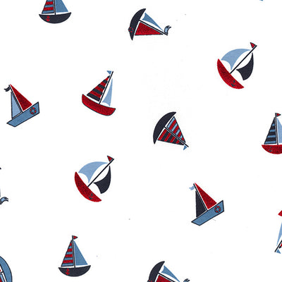 Swatch of fun, nautical sailing boats in shiny foil with stripes and anchors on jersey fabric by John Louden in white