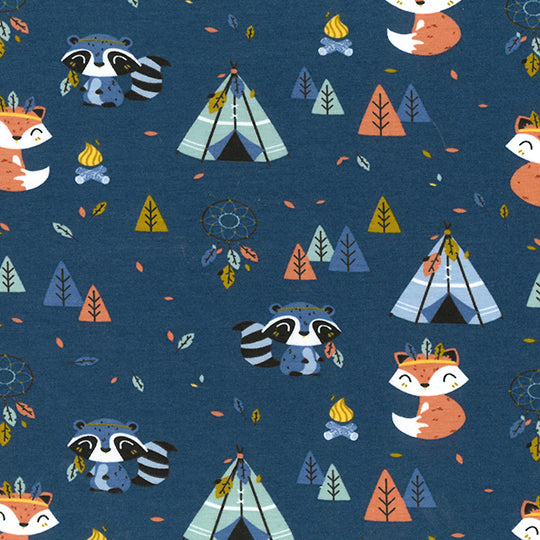 Swatch of Woodland Fox Camp - Jersey Fabric by John Louden in denim blue