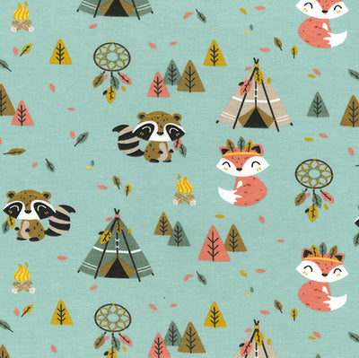 Swatch of Woodland Fox Camp - Jersey Fabric by John Louden in mint