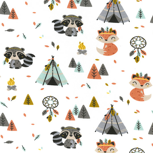 Swatch of Woodland Fox Camp - Jersey Fabric by John Louden in white