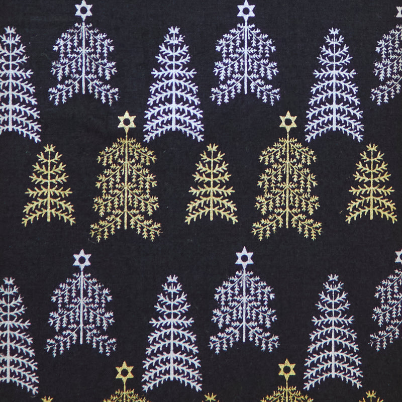 Swatch of scandi-style 100% cotton poplin fabric by John Louden with elegant gold and silver Christmas trees by Rose and Hubble in Navy Blue