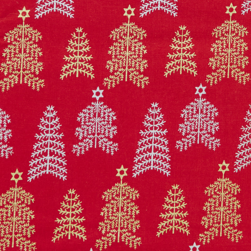 Swatch of scandi-style 100% cotton poplin fabric by John Louden with elegant gold and silver Christmas trees by Rose and Hubble in red