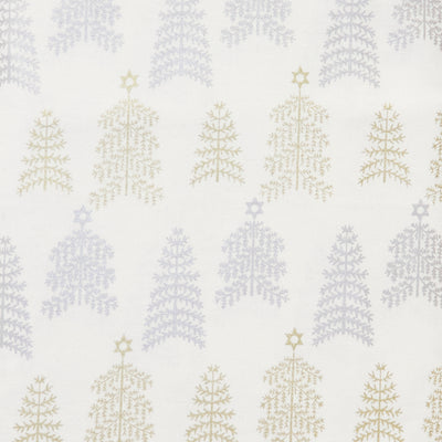 Swatch of scandi-style 100% cotton poplin fabric by John Louden with elegant gold and silver Christmas trees by Rose and Hubble in White