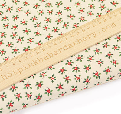 John Louden ivory with holly sprigs Christmas 100% cotton holly fabric