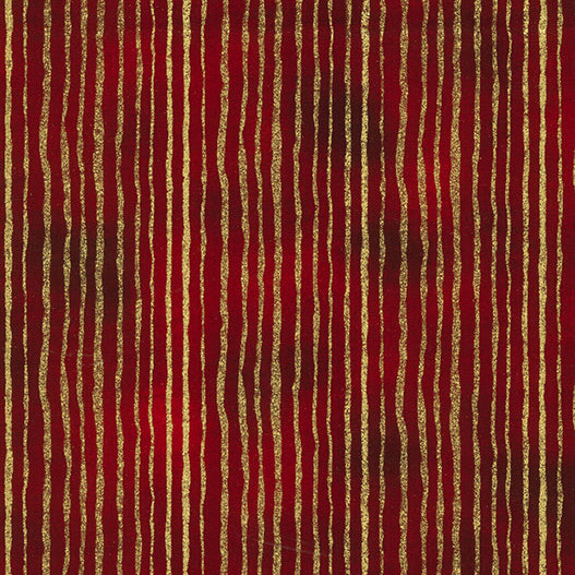 Swatch of John Louden Christmas red with gold sparkly stripes 100% cotton poplin fabric