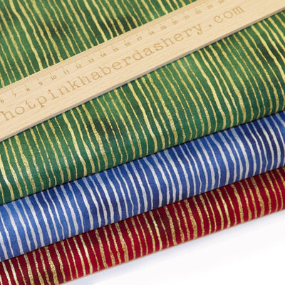 John Louden green, red and navy blue Christmas gold and silver sparkly stripes 100% cotton poplin fabric