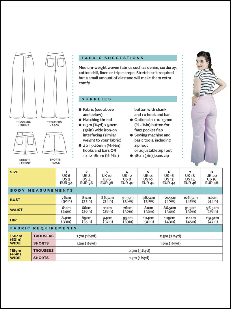 Jessa Trousers and Shorts Sewing Pattern by Tilly and the Buttons size guide