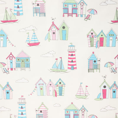 Swatch of Nautical beach huts fabric 100% cotton by Chatham Glyn in candy