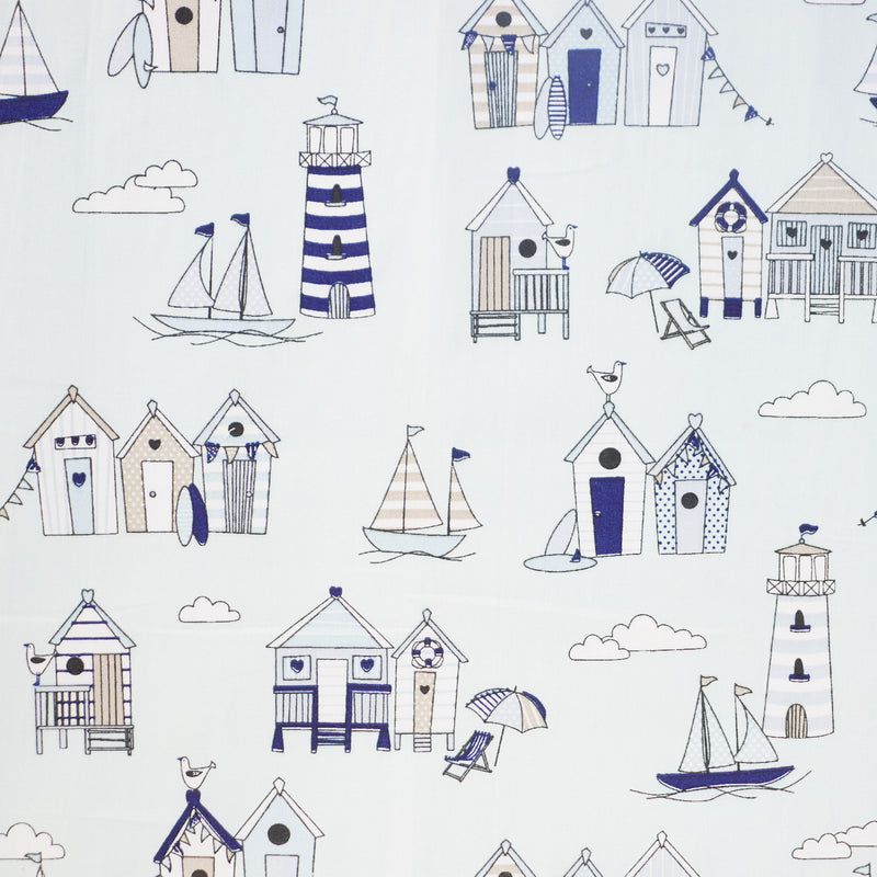 Swatch of Nautical beach huts fabric 100% cotton by Chatham Glyn in powder blue