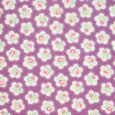 Swatch of Dainty floral rose 100% cotton fabric by Chatham Glyn in grape