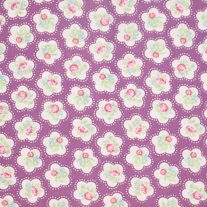 Swatch of Dainty floral rose 100% cotton fabric by Chatham Glyn in grape