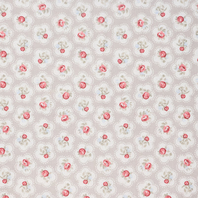 Swatch of Dainty floral rose 100% cotton fabric by Chatham Glyn in taupe