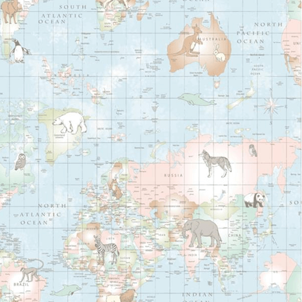Swatch of animal world map duck egg blue 100% cotton fabric by Chatham Glyn