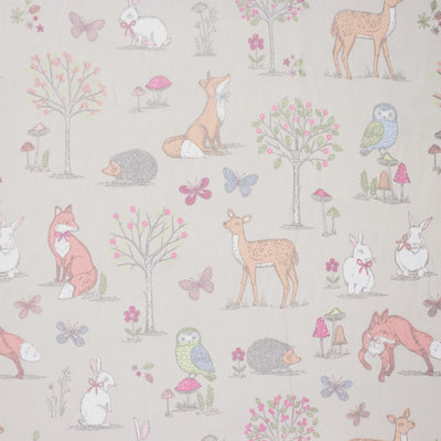 Swatch of woodland animal fabric in 100% cotton by Chatham Glyn in taupe