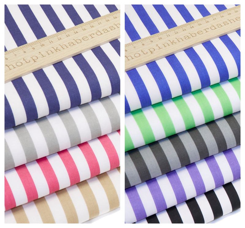 Medium, classic bold stripe polycotton fabric in white and Pink, Royal Blue, Navy, Brown, Neon Green, Purple, Silver, Silver/Grey & Black.
