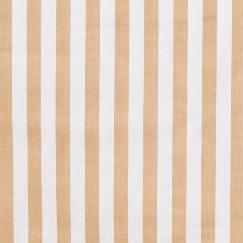 Swatch of medium, classic bold stripe polycotton fabric in white and brown.