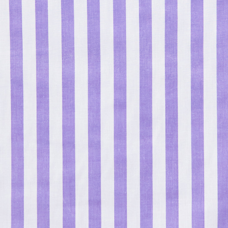 Swatch of medium, classic bold stripe polycotton fabric in white and purple