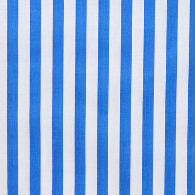 Swatch of medium, classic bold stripe polycotton fabric in white and royal blue