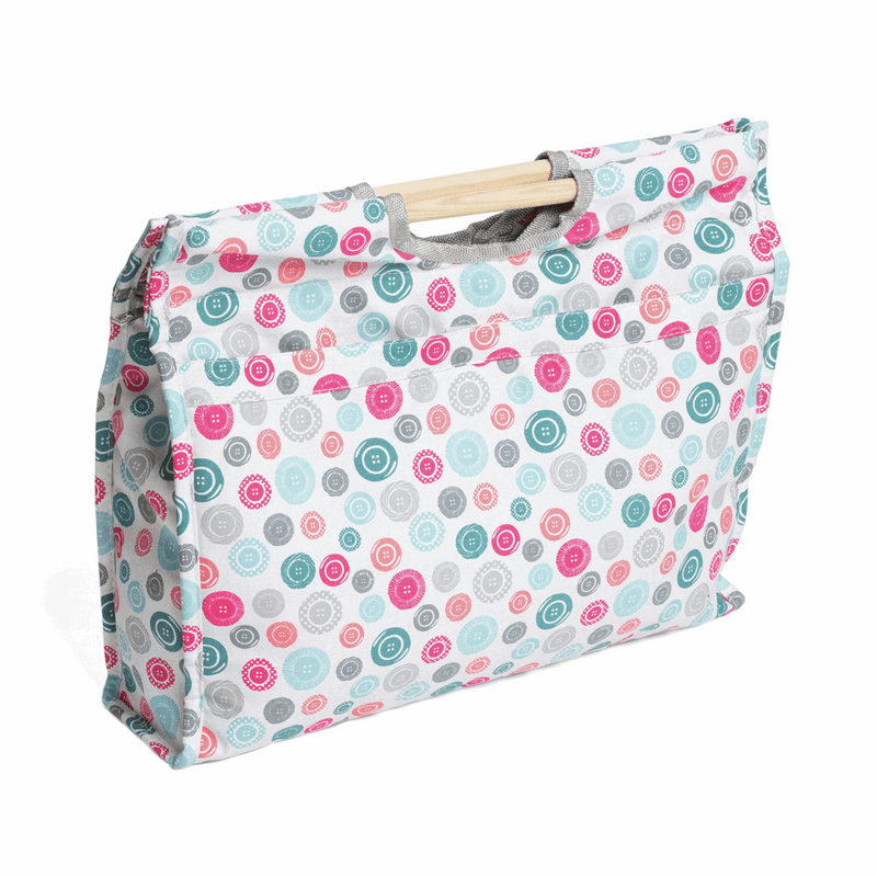 Wooden Handles Craft Bag in blue and pink Scattered Buttons print