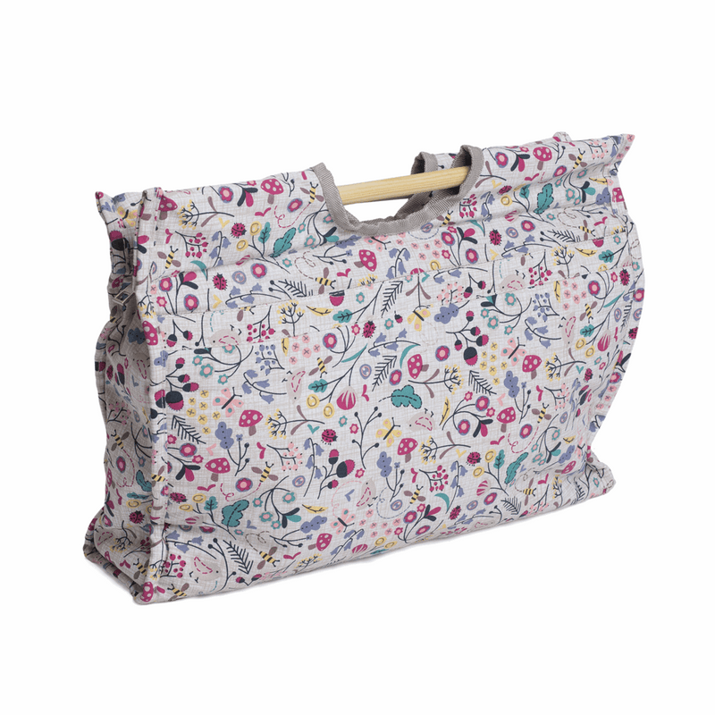 Wooden Handles white Craft Bag in Spring Time print with pink and blue flowers, leaves, ladybirds and bees