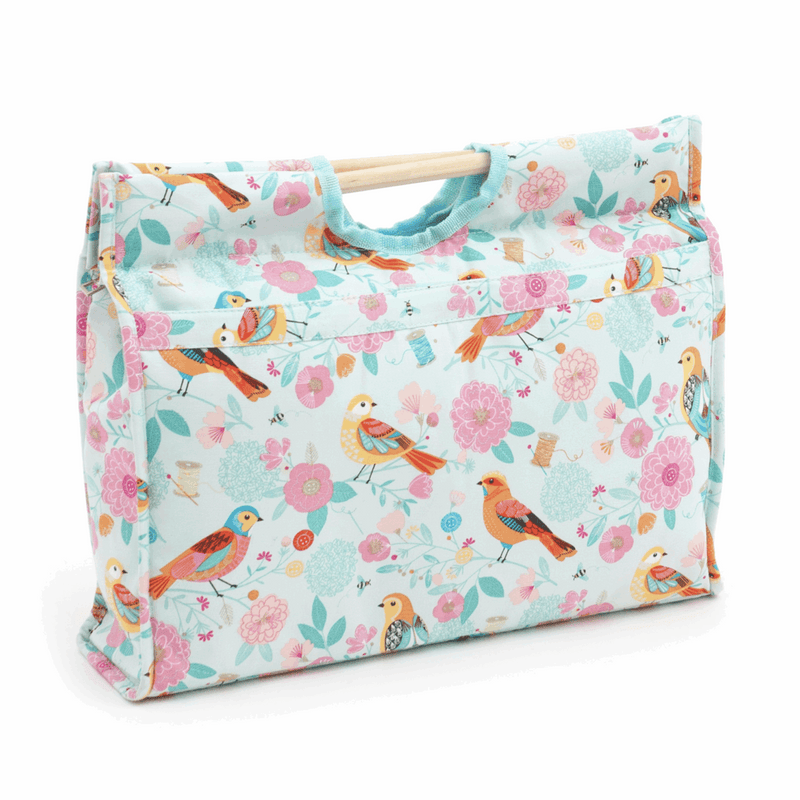 Wooden Handles Craft Bag in fun and colourful Birdsong print with blue, pink and yellow