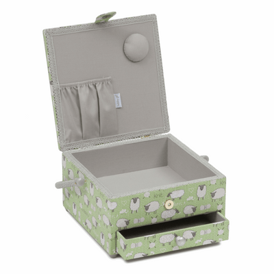 Square Sewing Basket with drawer in green cute sheep print