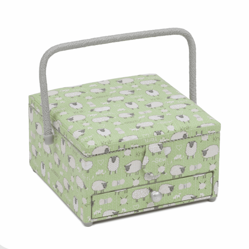 Square Sewing Basket with drawer in green cute sheep print