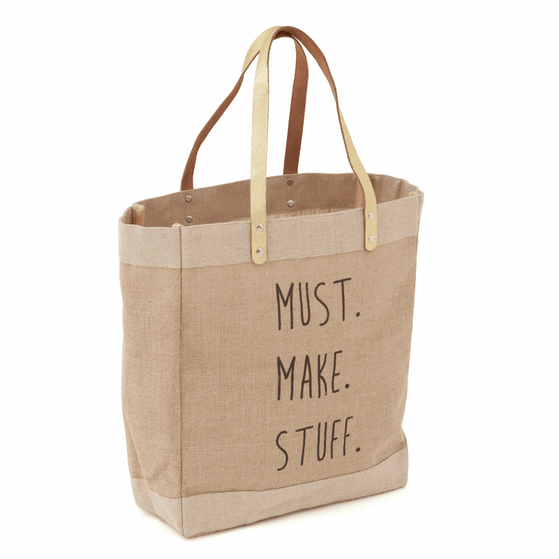 Craft Shoulder Bag in brown hessian style and gold leather handles with "Must. Make. Stuff." Print