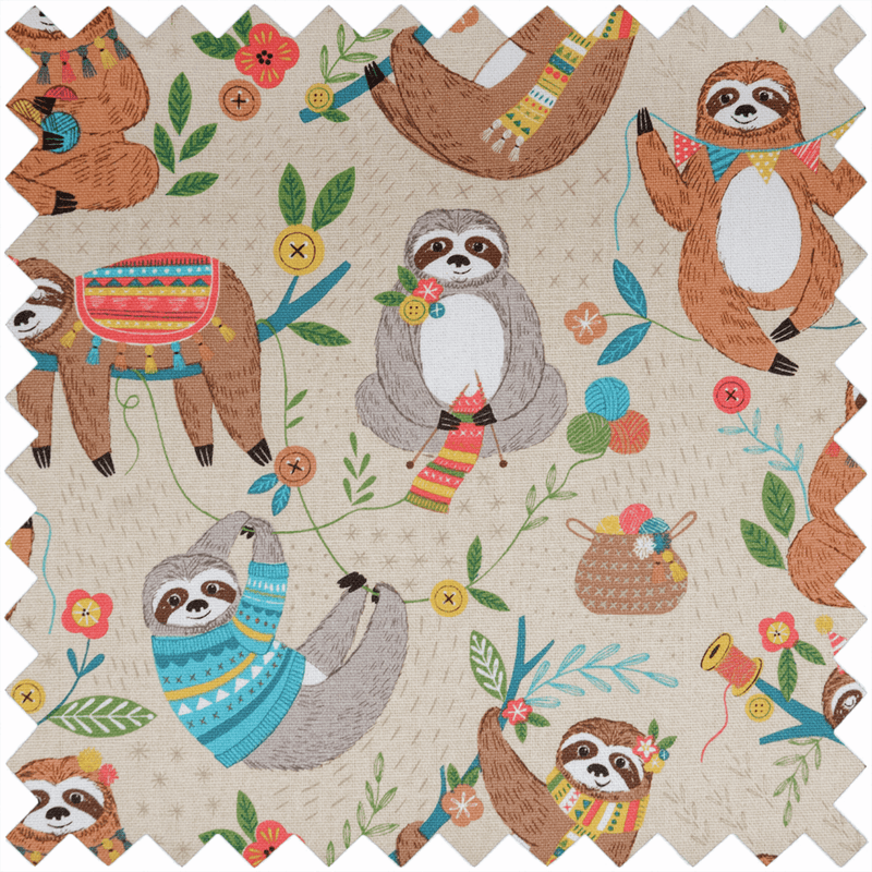 Medium Sewing Basket in beige Cosy Sloth print with funky sloths and flowers