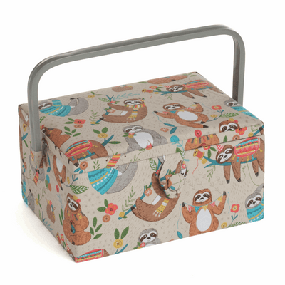 Medium Sewing Basket in beige Cosy Sloth print with funky sloths and flowers