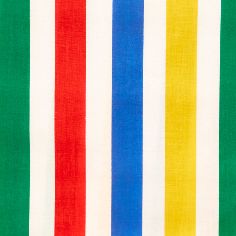 Swatch of classic, bold seaside bright stripes on polycotton fabric in red, yellow, green and blue on white in Extra Wide stripe