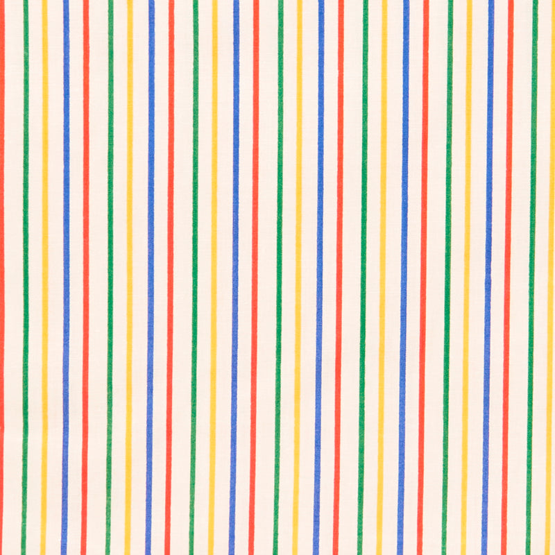 Swatch of classic, bold seaside bright stripes on polycotton fabric in red, yellow, green and blue on white in narrow stripe