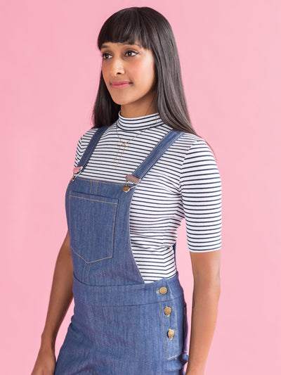 Mila Dungarees Sewing Pattern by Tilly and the Buttons on model