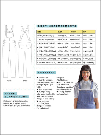 Mila Dungarees Sewing Pattern by Tilly and the Buttons size guide