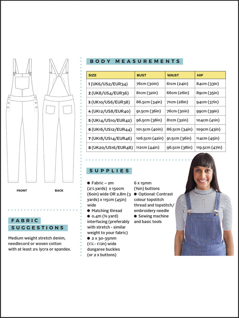 Mila Dungarees Sewing Pattern by Tilly and the Buttons size guide