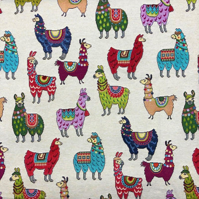 New world tapestry fabric with llama print swatch