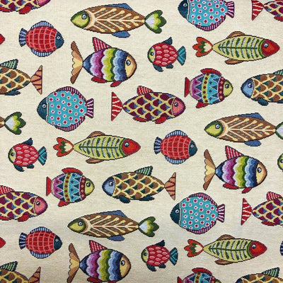 New world tapestry fabric with fish print swatch