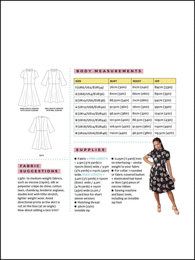 Martha Dress Sewing Pattern by Tilly and the Buttons size guide