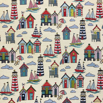 Nautical marine new world tapestry fabric with beach huts and boats swatch