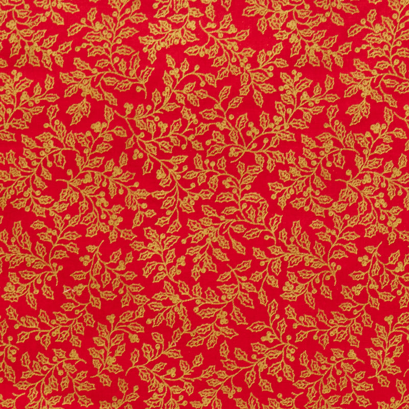 100% cotton Christmas gold holly fabric by Rose and Hubble in red, cream and green