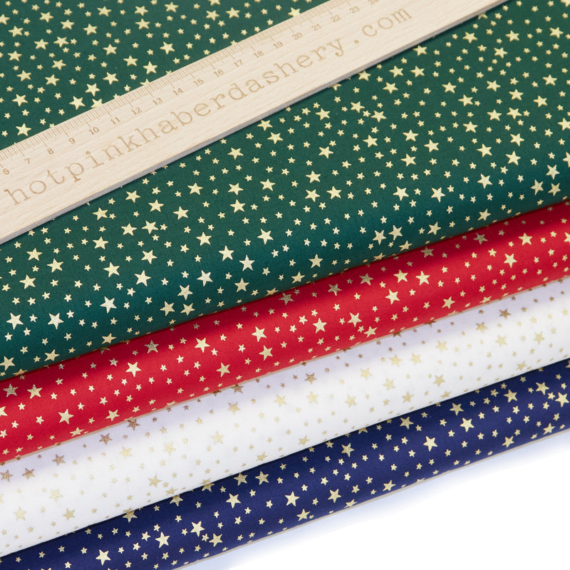 Elegant Christmas gold sparkly stars printed 100% cotton poplin fabric by Rose and Hubble in Red, Cream, Navy Blue & Green 