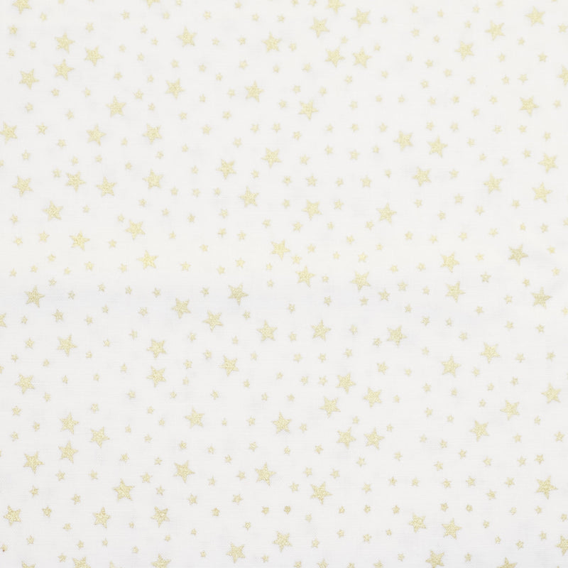 Swatch of elegant Christmas gold sparkly stars printed 100% cotton poplin fabric by Rose and Hubble in Cream